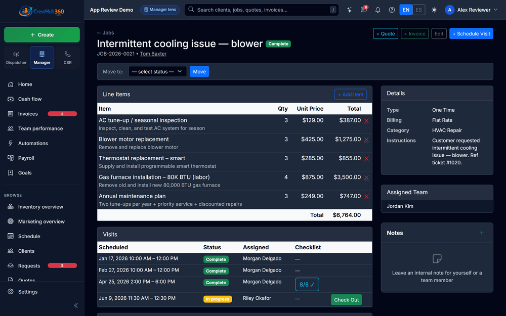 A job record with details, line items, and visit history