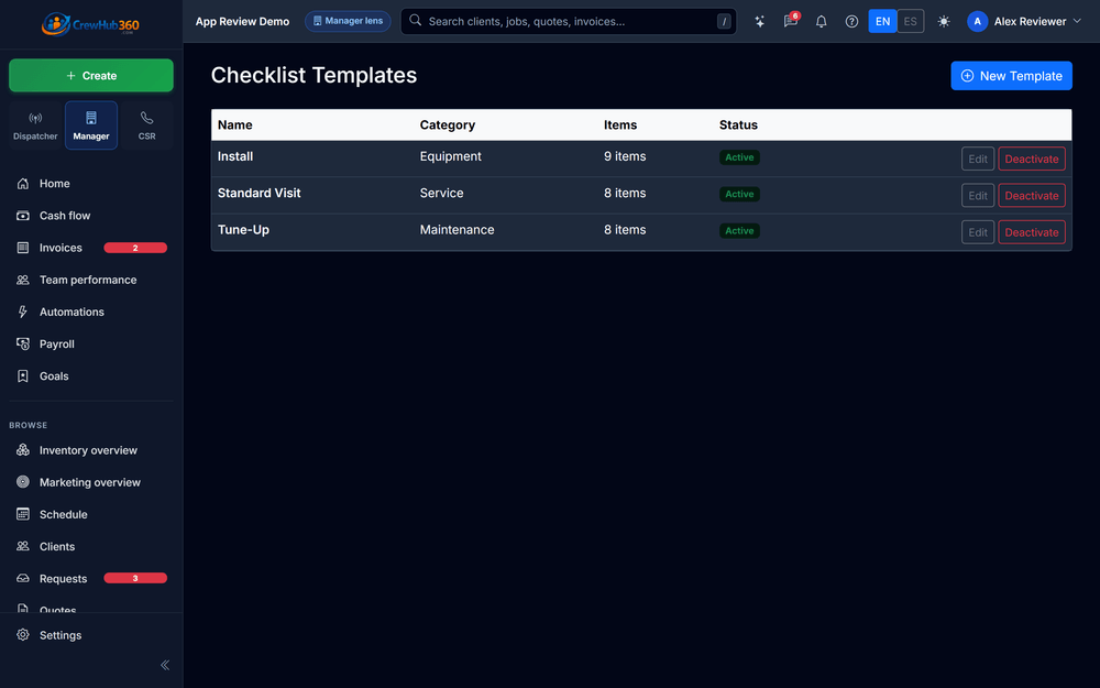 Reusable checklist templates for different job types