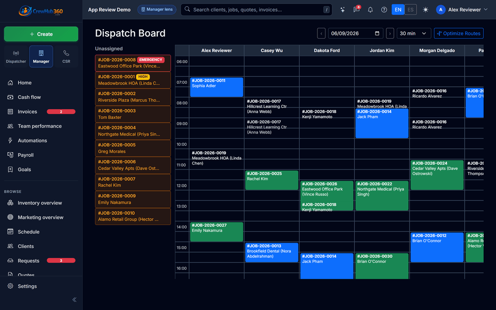 CrewHub360 dispatch board showing unassigned jobs and a per-technician resource grid