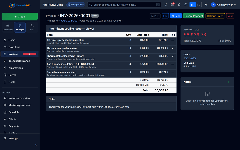 CrewHub360 invoice with line-level detail pushed to QuickBooks
