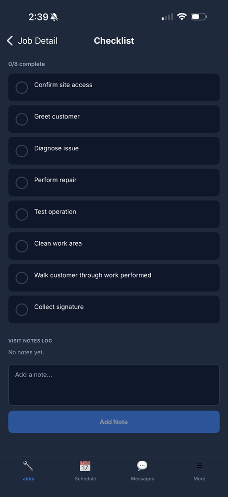 The CrewHub360 mobile app showing a safety checklist for a visit