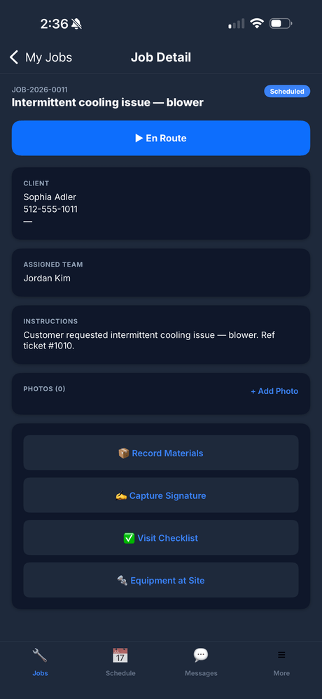 CrewHub360 mobile app job detail with line items, built on-site
