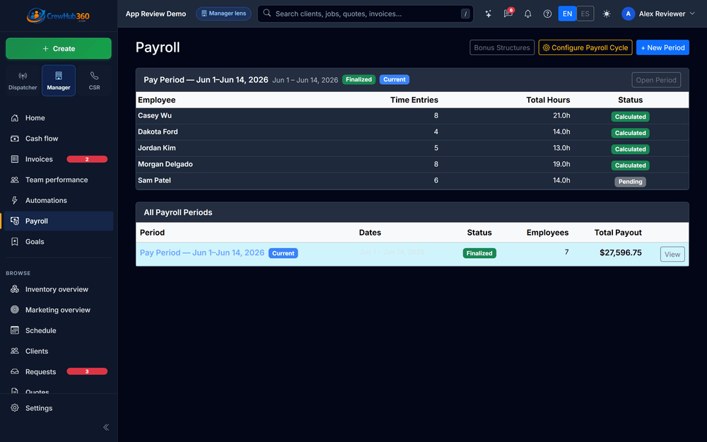 CrewHub360 locked payroll period with per-tech rollup