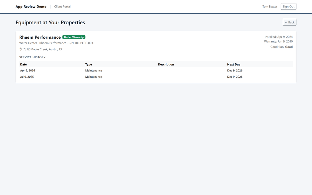 Client portal equipment register with warranty and service history