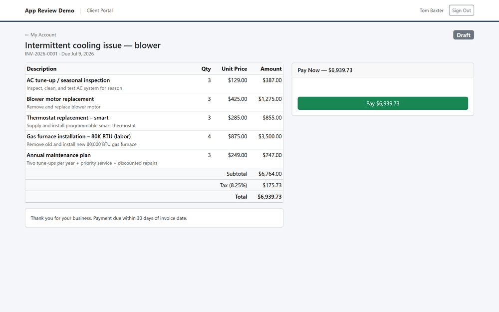 Client portal invoice with a one-tap Pay button