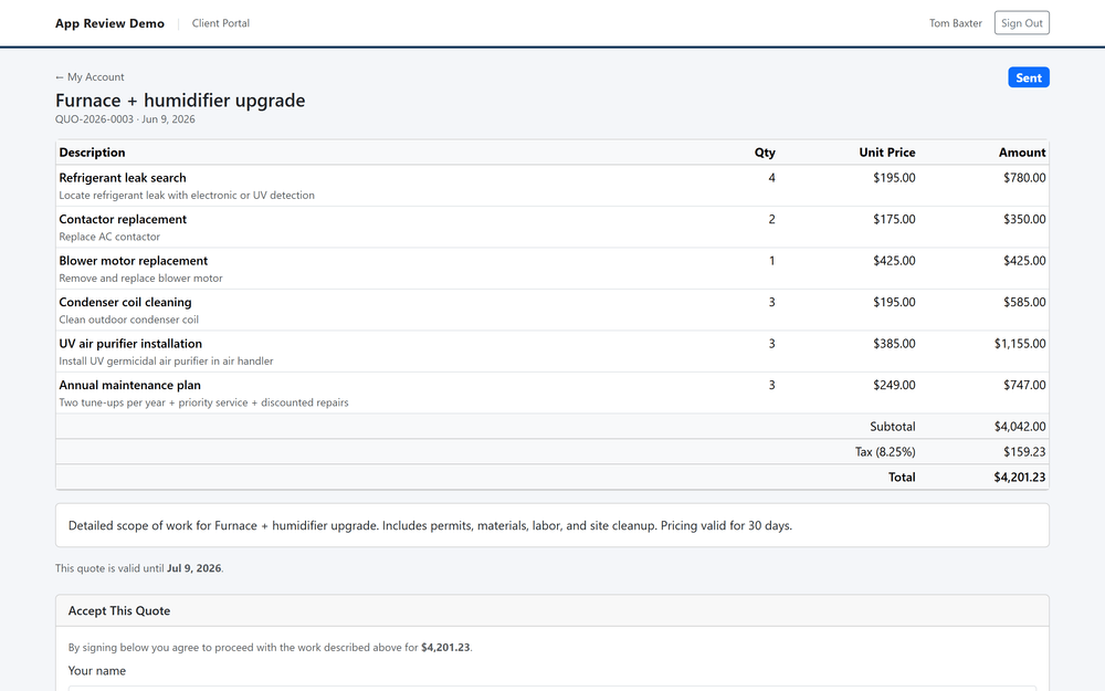 Client portal quote with line items and an Accept & e-sign action