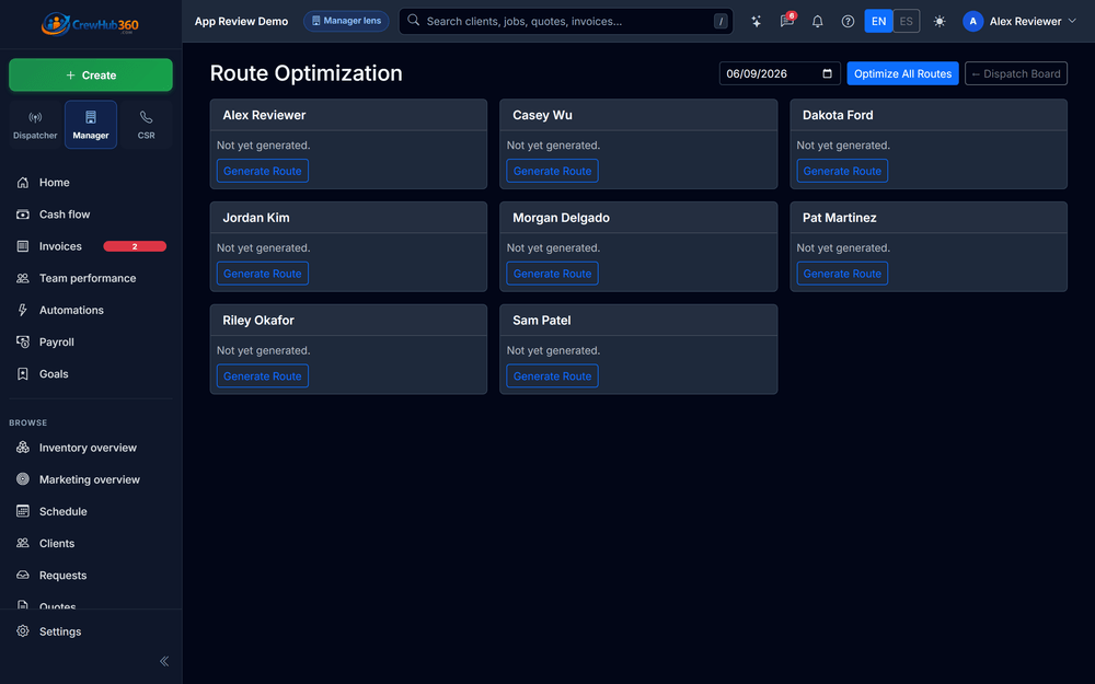 CrewHub360 route optimization screen with per-technician route generation and Optimize All Routes