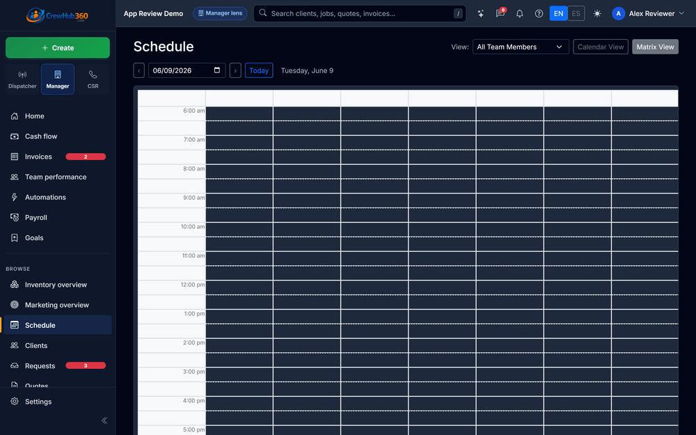 CrewHub360 schedule with recurring maintenance visits laid out across the week